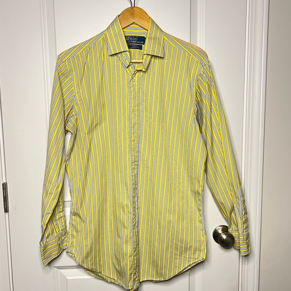 Polo Ralph Lauren Regent Classic Fit Yellow White Stripe Dress Shirt Men 15 32